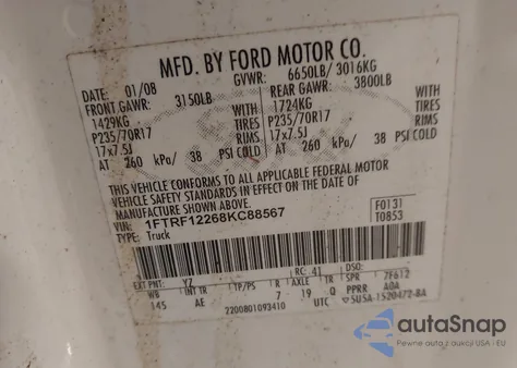 2008 Ford F-150 Stx/Xl/Xlt z USA, uszkodzony, nr VIN 1FTRF12268KC88567